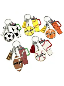 Sporty Mom Gift Keychain Water Bottle Charm, Rugby Basketball Fringe Key Ring, Stylish Accessory for Women, Perfect Present Idea