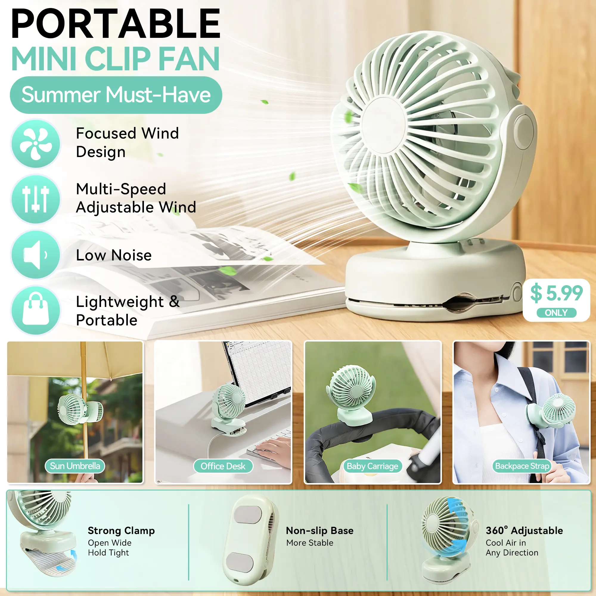 Mini Clip-on Portable Fan - Rechargeable Mini Fans with Powerful Clamps, 3 Speed Settings, Cute Small Desktop Cooler, Suitable for Backpacking, Outdoor Trips (Muted Yellow, Green, Pink), Portable Fans