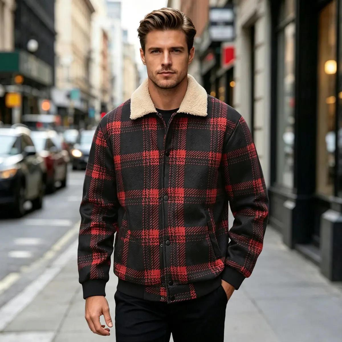 Men's Plaid Sherpa Jacket – Black And Red, Fleece‑Lined, Button‑Up, With Side Pockets. Soft, Warm, Perfect For Casual Fall/Winter Looks. A Stylish Essential For Chilly Days