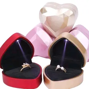 LED light Heart Shaped Ring Gift Box - Velvet Earrings Jewelry Case with Light, Suitable for Wedding, Engagement, Proposal, Birthday & Anniversary