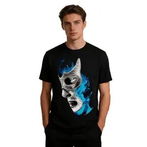 Demon Blue Lucha Libre Mexican Wrestler Graphic T-Shirt (Mens) -  soft breathable regular fit casual tee with vibrant mask print, double needle seams, machine washable, wrestling t-shirt, everyday wear top, durable fabric s