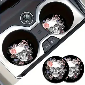 2pcs Gothic Skull & Floral Car Cup Holders with -Slip Base - Heavy-Duty Non-Slip Grip, Ergonomic Design for Coffee Cups, /RedPink/ - Compatible with Cars, Trucks, SUVs, Coffee Cup Holder, Universal Cup Holder