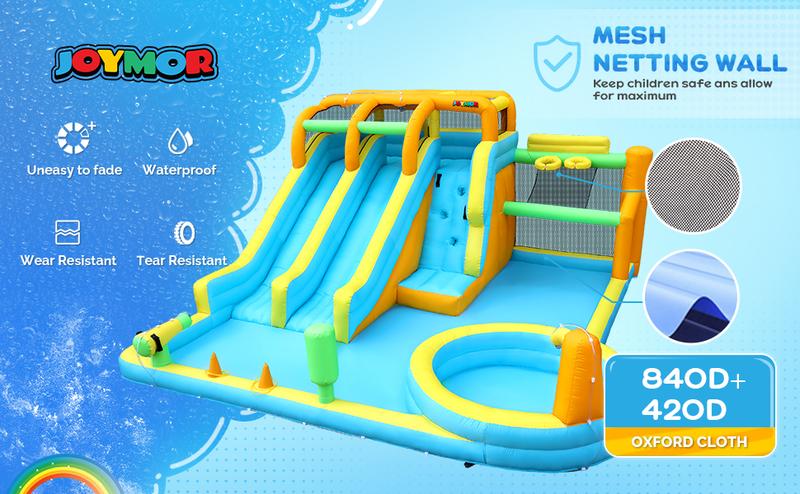 JOYMOR 11-in-1 Inflatable Water Slide for Kids Backyard w/ 2 Waterslide, 2 Basketball Hoop, Pool, Climbing Wall, Water Blasters, 1min Blow Up Water Slides Park w/ 750w Blower, Storage Bag