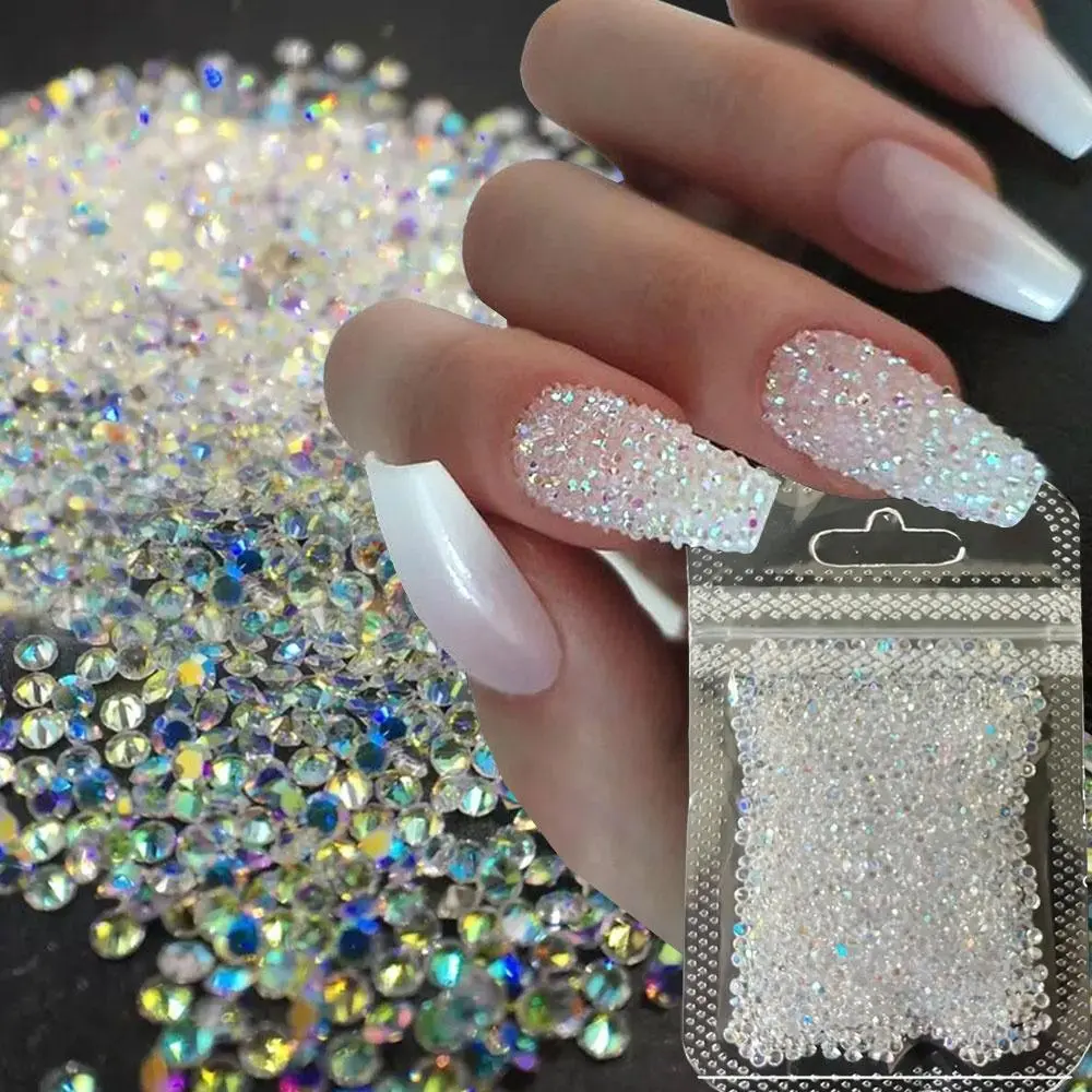 1.5mm Iridescent Micro Caviar Beads Nail Art Rhinestone 3D Clear AB Mini Pixie Crystals Gems Shiny Point-Bottom Glitter Decor *3