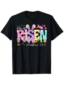 Happy Easter He Is Risen Christian Bunny Women'S T-Shirt |   Unisex, Casual Loose Fit, Crew Neck, Slight Stretch Fabric, Perfect for Spring, Valentine'S Day, St Patrick'S Day, Graduation Season, Easter Gifts for Dad, Mom, Parents, Friends