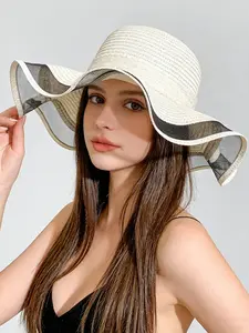 Women's Wide Brim Straw Hat Summer Beach Sun Protection Upf Protective Hat, Multifunctional Lace Bow Decorated Panama Style, Fashion Outdoor Accessory