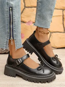 Fashionable Sweet Bow Mary Jane Shoes, Strap + Thick Sole Design, Cute Cool School Style, Height Boosting, Slimming, Versatile!