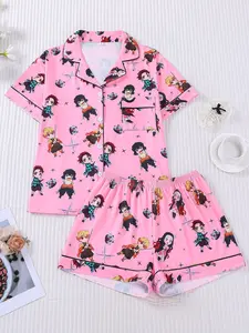 Demon Slayer Chibi All-Over Print 2-Piece Pajama Set for Women, Pink Girly Style Lapel Short Sleeve Top with Pocket & Elastic Waist Shorts, Soft Comfortable All-Season Casual Daily Loungewear Sleepwear, Lounge Clothes