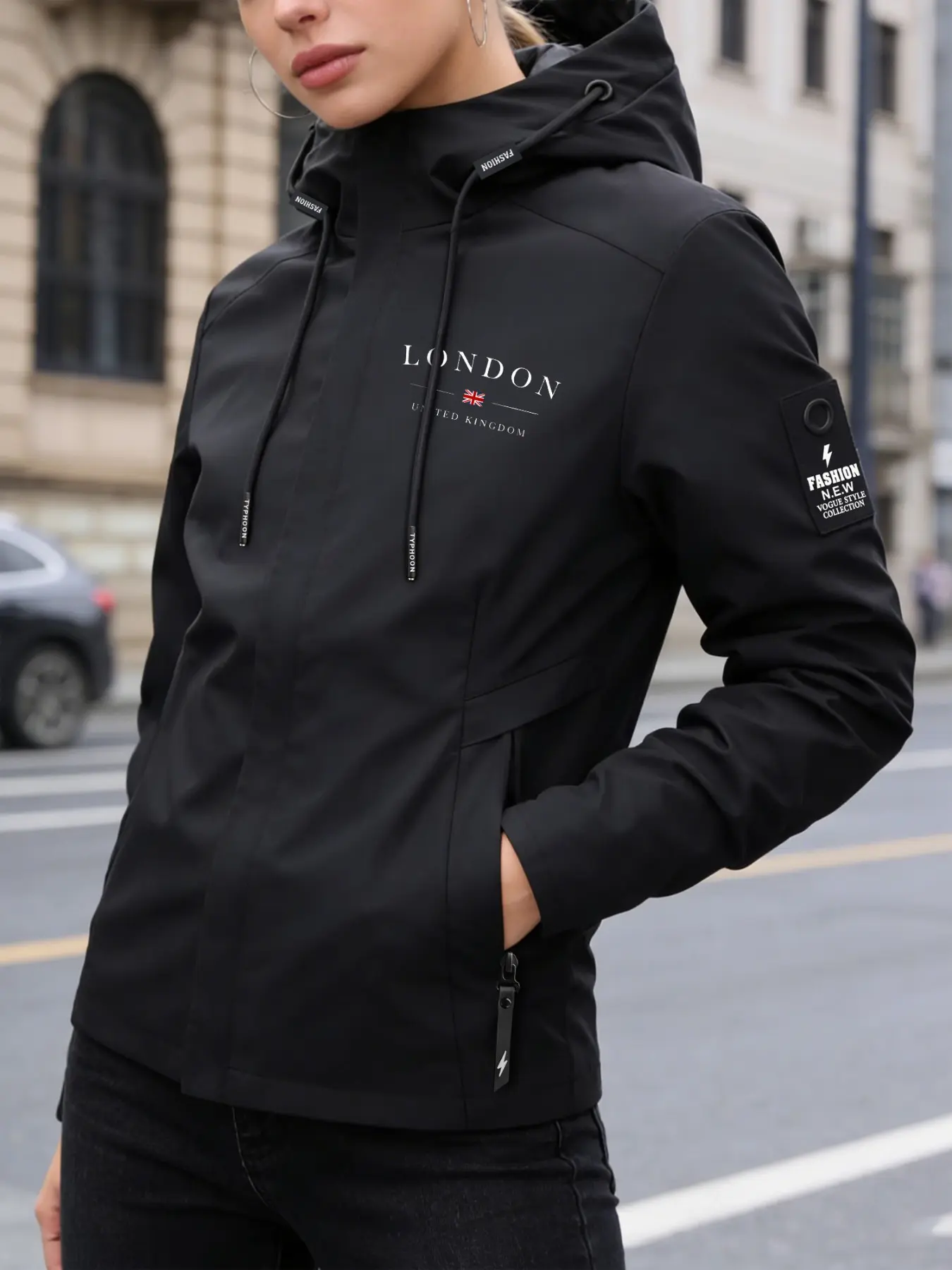 Women's Waterproof Windproof All Weather Resistant Hooded Rain Jacket - LONDON UK Flag Print, Black & Light Blue Two Colors, Lightweight Breathable Coat with Zipper Pockets, Loose Fit Fashion Casual Style for Hiking, Travel & Daily Commute Outerwear