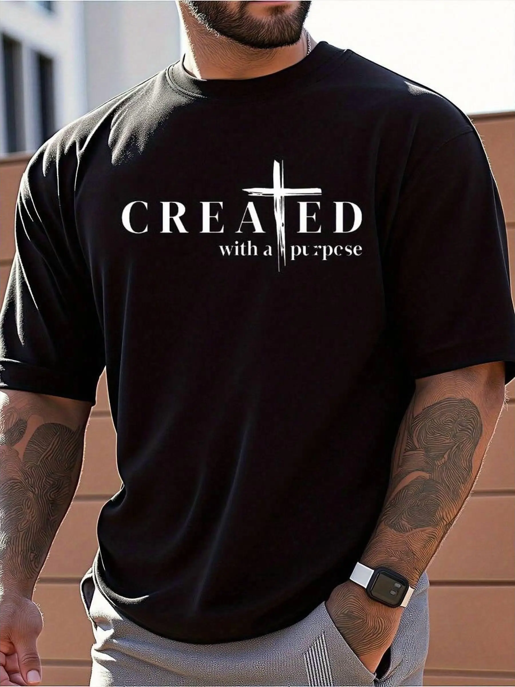 Men's Big & Tall Plaid Oversized 100% Cotton T-Shirt - Soft Faith-Inspired "Created With A Purpose" Cross & Lettering, Lightweight Breathable Casual Round Neck Short-Sleeve Checked Top For Church