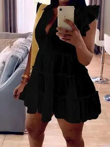 【Plus Size】 Solid Ruffle Trim Tiered Layer Shirt Dress, Casual Cap Sleeve Collared Dress for Summer, Women's Clothes for Daily Wear, Casual Everyday Wear, Casual Chic Dress