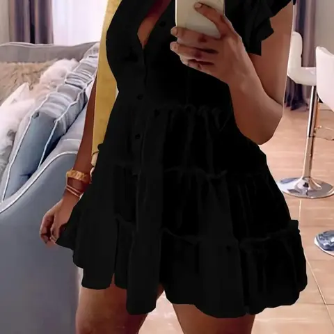 [Plus Size] Solid Trim Tiered Layer Shirt Dress Button, Casual Cap Sleeve Collared Short Dress for Summer, Women's Chic Daily Wear Dress