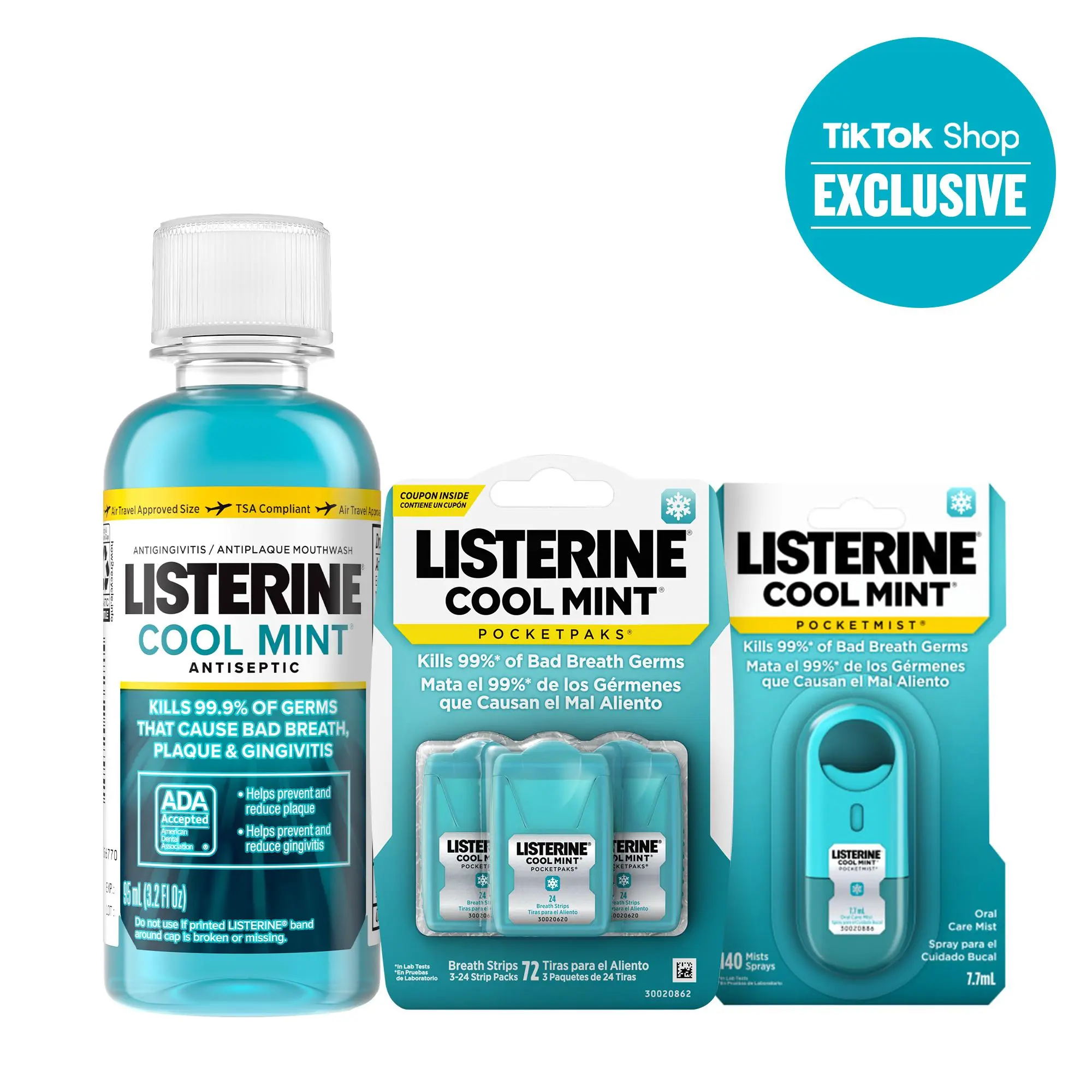 Listerine Travel-Size TikTok Shop Trio, Cool Mint Mouthwash 3.2 fl oz, Pocketmist and PocketPaks Fresh Breath Strips
