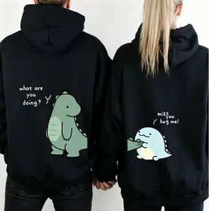 Cute Dinosaur Matching Hoodie for Couples (Sold Separately) | Unisex Cozy Cotton Pullover, Soft & Comfortable Streetwear, Casual Fall Winter Couple Gift Black Long Sleeve