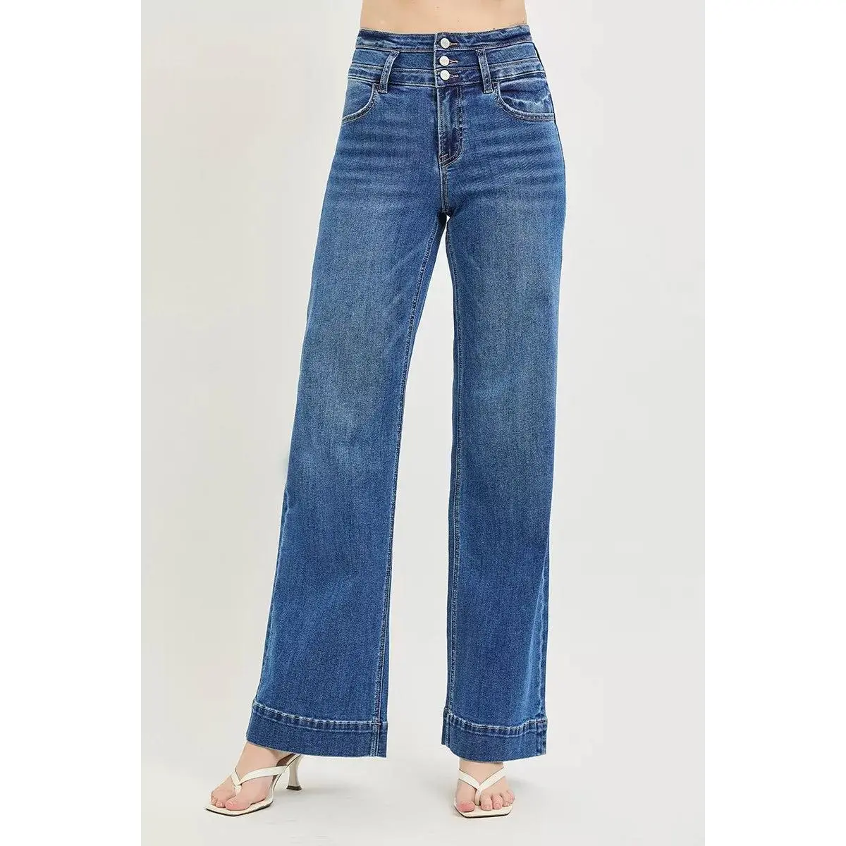 RISEN High Rise Wide Leg Wide Band Detail Jeans