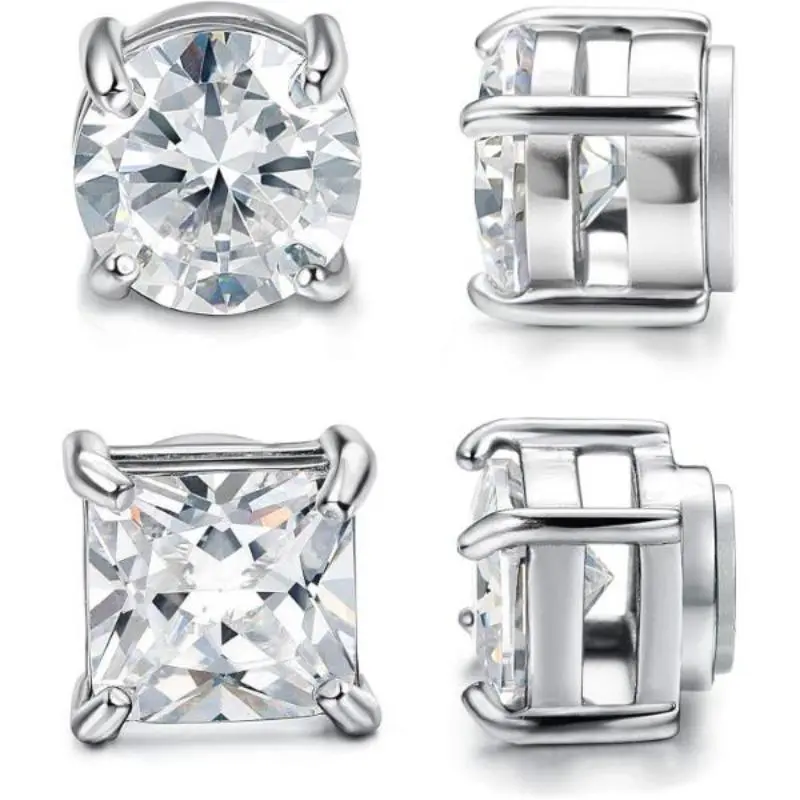 Unisex Magnetic Stud Earrings, 2-Pair Set of Round & Square Stainless Steel Studs, Non-Piercing Jewelry with AAA+ Artificial Zircon, 5-8mm, Square Stud Earrings