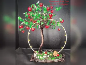 14" Free-Standing Wire Apple Tree with Fairy Lights, 10" Wood Stand, Camel-Colored Aluminum Wire, Acrylic Apples, Green Leaves, Multi-Faceted Glass Beads, Green Grass, White Rocks, Clay Mound, Nickel-Colored Spray Paint, Hedgehog with Welcome Sign