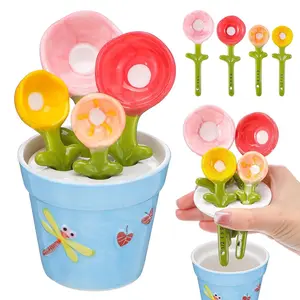 5PCS Ceramic Measuring Spoon & Cup, Ceramic Baking Measuring Spoon with Base Decorative Planter & Cup Set for Dry & Liquid Ingredients, 1/4 Teaspoon, 1/2 Teaspoon, 1 Teaspoon, 1 Tablespoon, Gift for her, Birthday, Wedding, Suitable for Home
