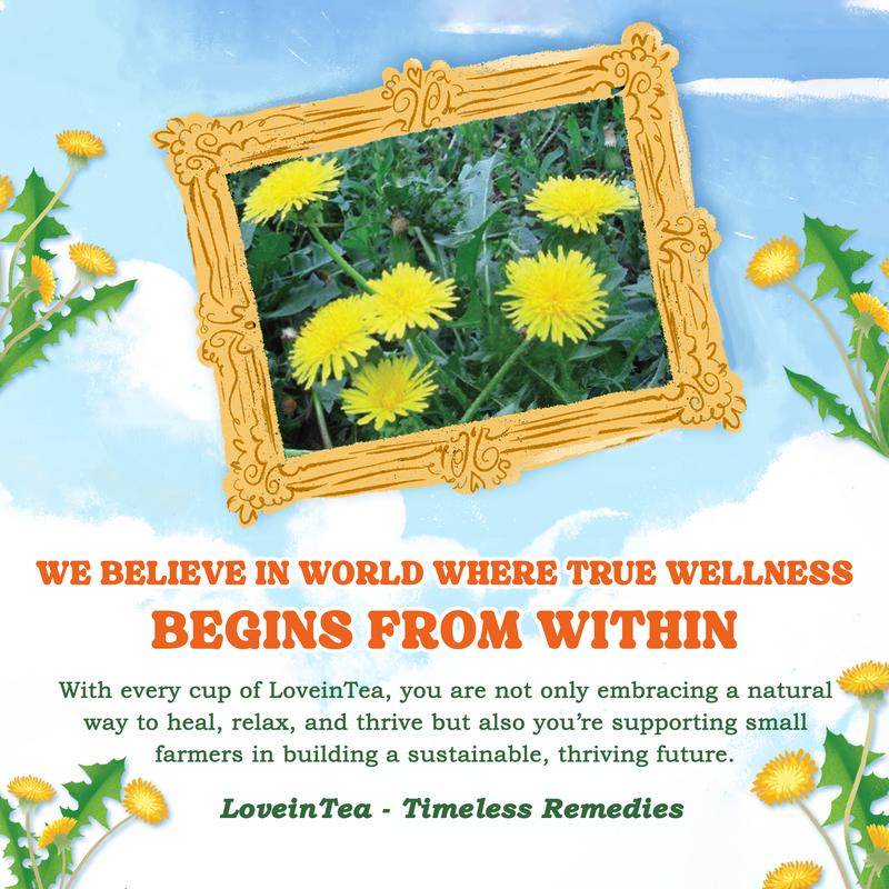 LoveinTea Dandelion Herbal Tea Bags, Detox Tea, 100% Natural Vietnamese Dandelion Blend, Caffeine-Free, Plant-Based Pyramid Bags, 30 Count