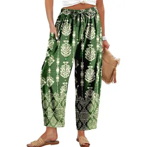 Womens Cotton Linen Pants Casual Loose Flowy Wide Leg Palazzo Harem Pants Drawstring Elastic Waist Lounge Trousers