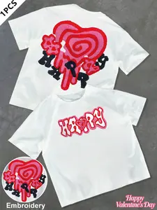 Unisex Casual Streetwear Street Style Valentine's Day Gift, Happy Letter Heart Embroidery Graphic Short Sleeve Fitted Cotton Round Neck T-Shirt, Y2K Fashion, Couple