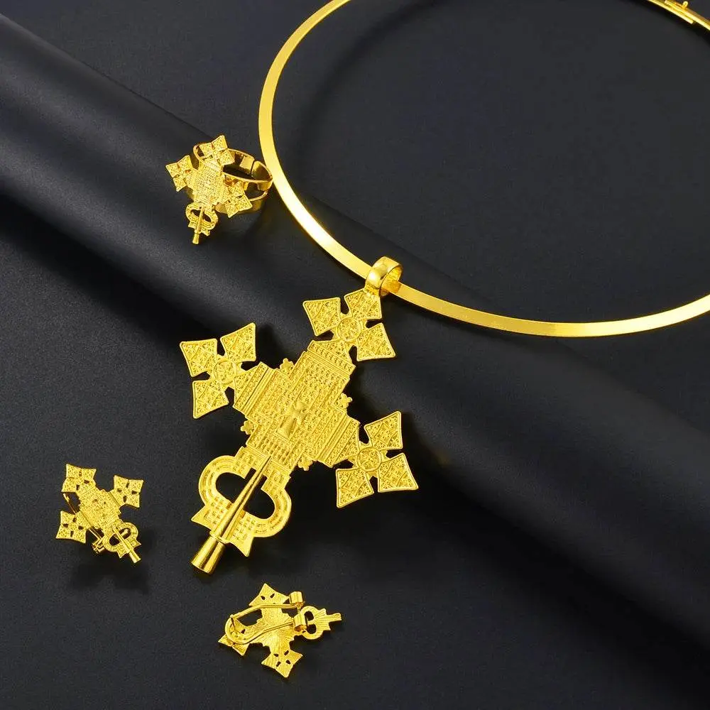 Gold Cross Choker Ethiopian & Eritrean Jewelry Set – Earrings & Ring