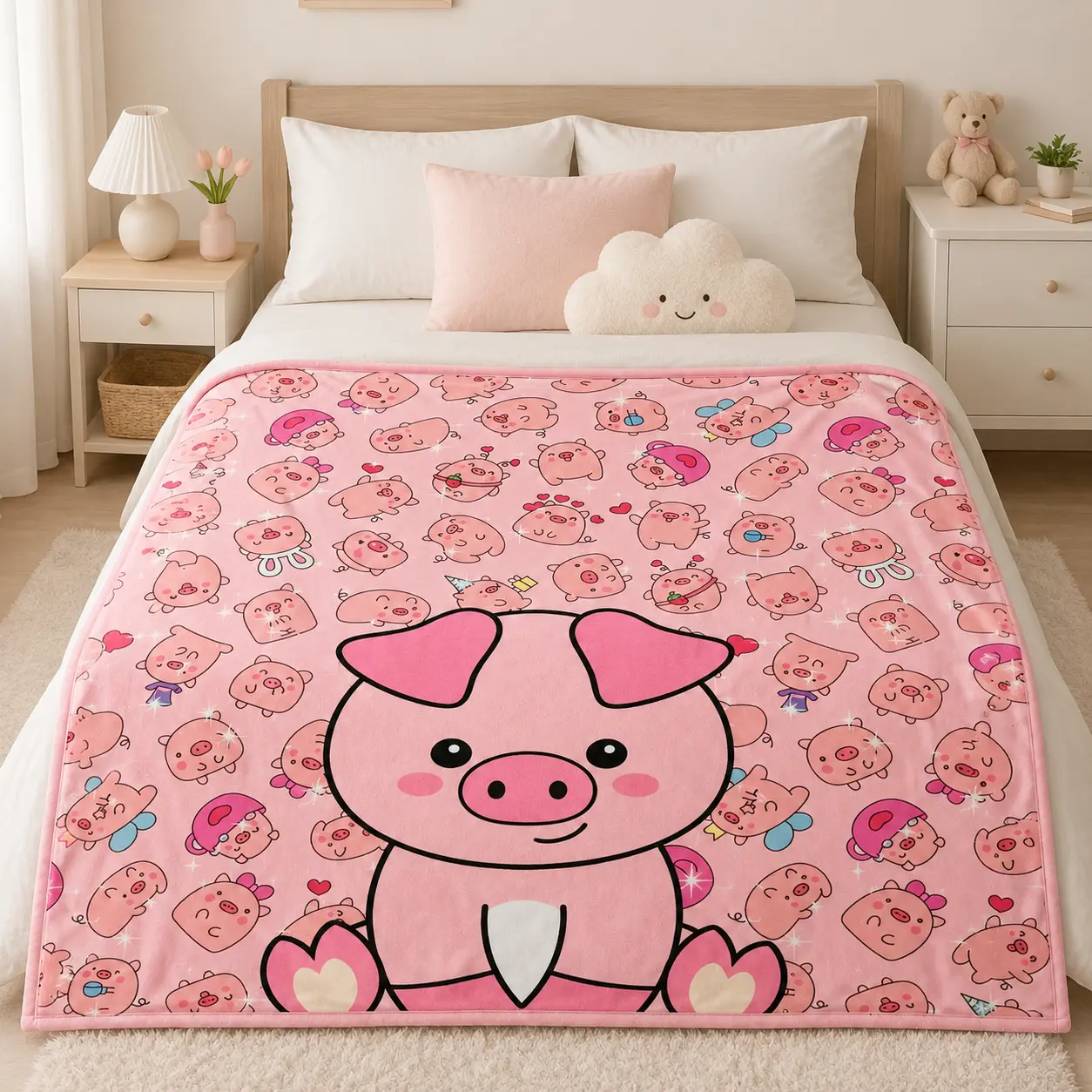 Cute Big Pink Pig Flannel Throw Blanket Kawaii Cartoon Animal Plush Blanket Soft Cozy All Over Mini Pig Print Throw for Girls Bedroom Decor Bed Sofa Couch Dorm Room Birthday Gift for Animal Lovers