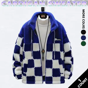 Stylish Men's Winter Warm Jacket with Cashmere Lining Regular Fit Polyester Coats Machine Washable Casual Sportswear Checkerboard Menswear Fleece Fleece Hoodie Zipper Long Sleeve