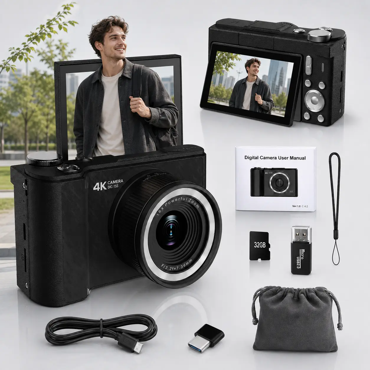 [Back to School]Digital Camera for Photography, 48MP Vlogging Camera with Fill Light, 180° Flip Screen, 16X Digital Zoom, 32GB Card, Compact Point and Shoot Camera for Students, Women and Beginners, Ideal Gift