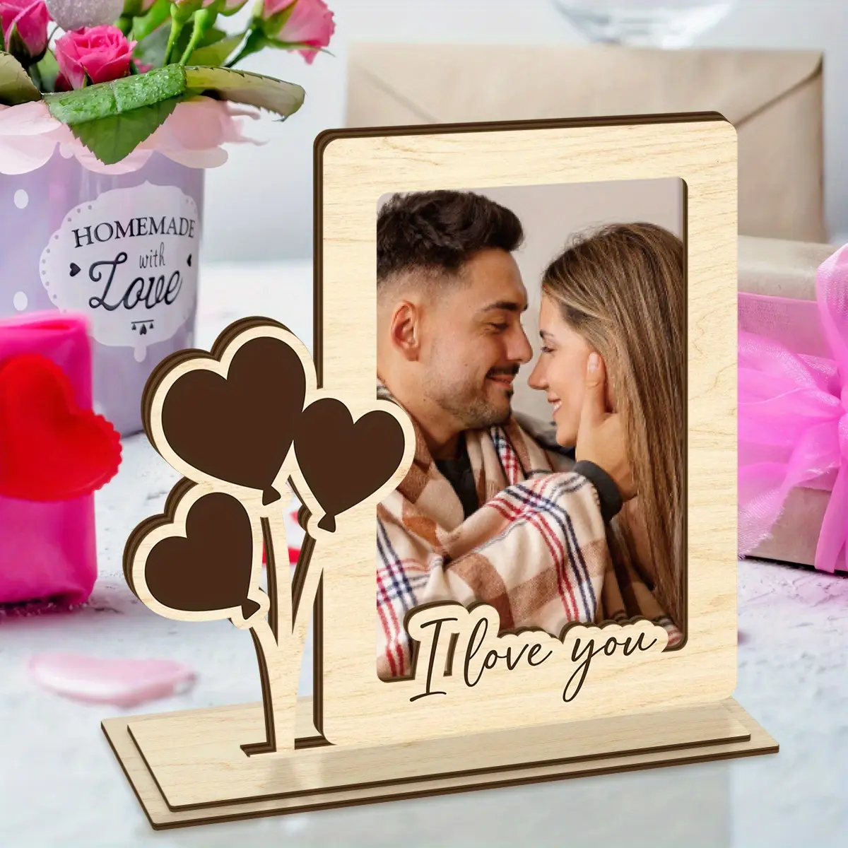 "i love you" Wooden Photo Frame, Romantic Design for Couples, Ideal Wedding & Valentine'S Day Gift, Romantic Gift Idea, Heart Decor, Office Decoration
