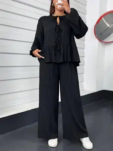 【Plus Size】 Two-Piece Set Solid Textured Tie Front Blouse & Elastic Waist Pants, Casual Bishop Long Sleeve Top & Wide Leg Trousers for Daily Wear, Women's Two-piece Outfits for All Seasons