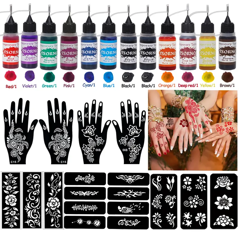 Hand Tattoo Stencil Set with 12 Temporary Tattoo Juice Bottles, Multi-Pack, Non-Flammable, Includes Purified Water & Ethanol