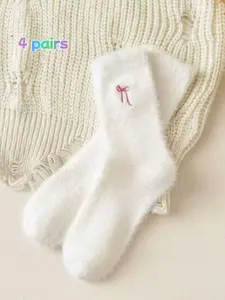 4 pairs of women's plush socks, bowknot mid-calf socks, suitable for daily street wear and home warmth as floor socks.