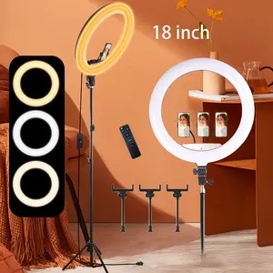 18 Inch LED Circle Light with 73'' Tripod Stand, 3000K-6000K Adjustable Color Temperature, CRI 95, With 3 Phone Holder for Makeup/ YouTube Video/ / Live Streaming, Content Creation Gear, Adjustable Brightness vlogger content creator youtube tiktok video