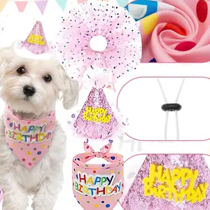 Puppy Birthday Party Supplies, Dog Birthday Bandana with Hat and Dress Girl Set, Cute Pink Tutu Skirt Outfit(15*18*1cm/5.9*7.08*0.39inch) for Small Medium Dogs