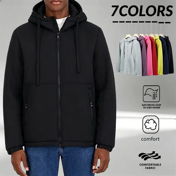 Men’s hooded zip-up softshell jacket made from comfortable, skin-friendly fabric; available in multiple colors. Suitable for outdoor activities, commuting, and casual wear; versatile outerwear that pairs easily with other outfits. Features elastic cuffs a