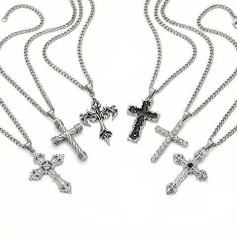 Unisex 6-Pieces Punk Christian Gothic Retro Flame Artificial Crystal Pendant Necklace Set - Stainless Steel Vintage Costume Jewelry, Statement Necklace, 2x5 In 6-Layer Stacked Bold Yet Balanced Design, Mix & Match, Top Birthday Gift for Adults