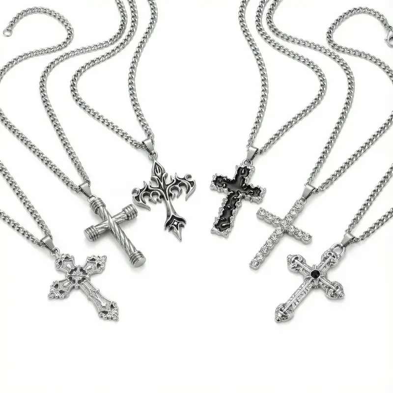 Unisex 6-Pieces Punk Christian Gothic Retro Flame Artificial Crystal Pendant Necklace Set - Stainless Steel Vintage Costume Jewelry, Statement Necklace, 2x5 In 6-Layer Stacked Bold Yet Balanced Design, Mix & Match, Top Birthday Gift for Adults