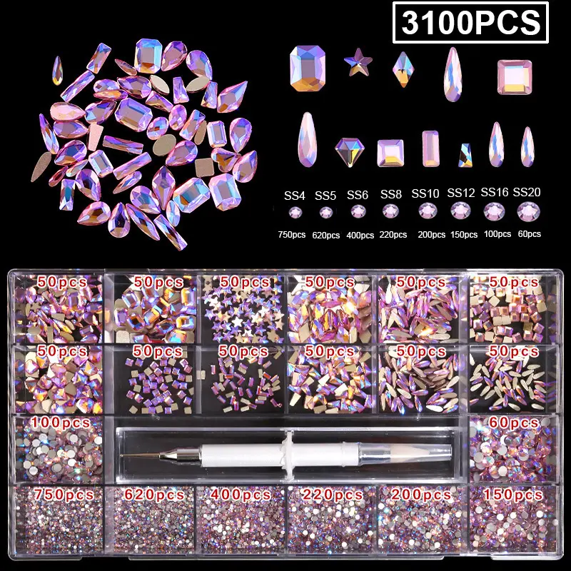 Nail Art Pink Crystals Rhinestones Set - 3100pcs Nail Gems Flatback Jewels for Acrylic Nails Design
