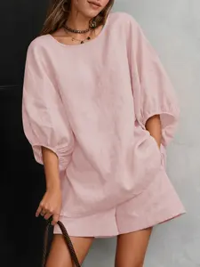Women's Casual Set, Womenswear Round Neck Seven-Quarter Lantern Sleeves + High Waist Short Pants Design, Perfect for Daily Outings Commuting Clothes