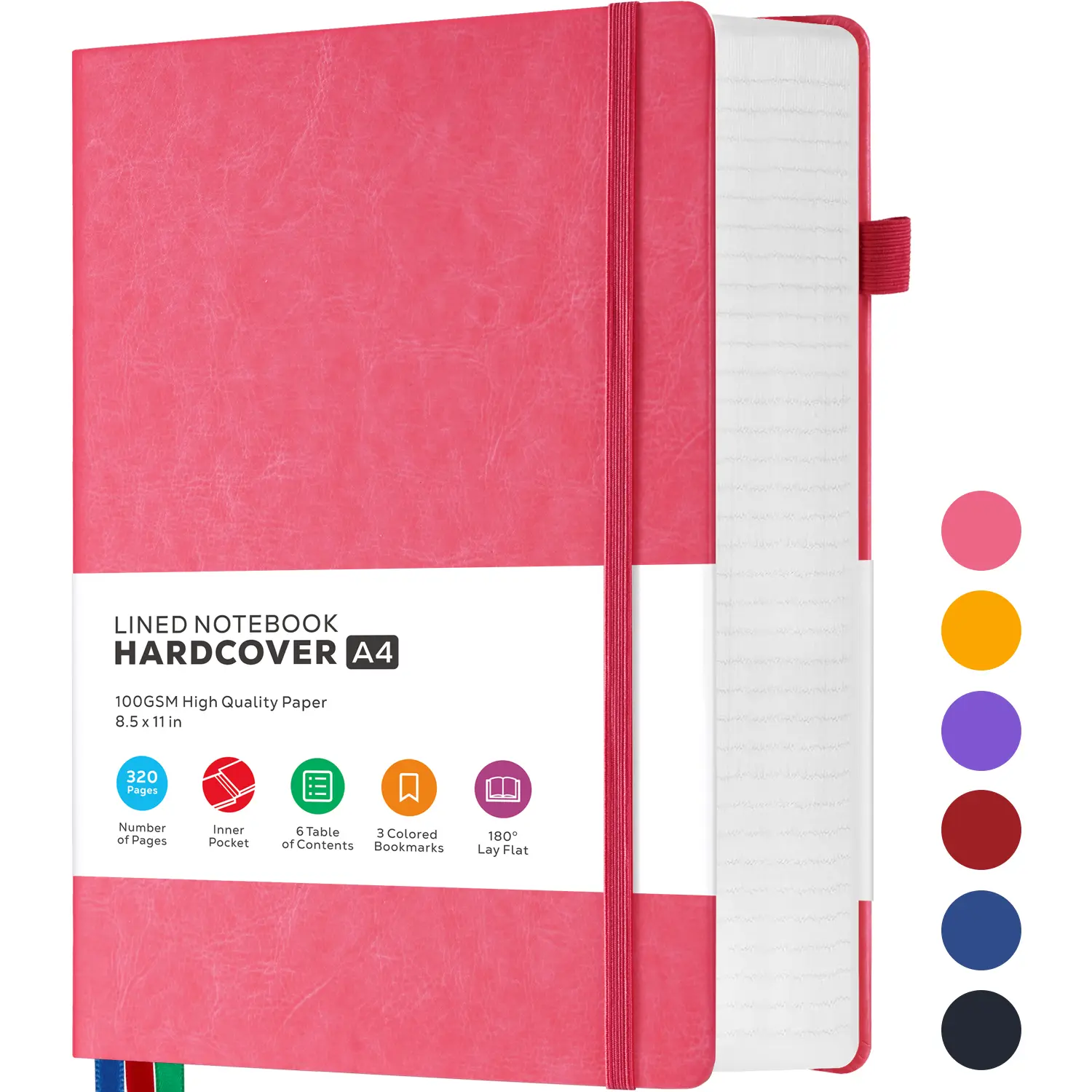 320 Pages Large A4 Hardcover Notebook - College Ruled Leather Lined Journal for Work School Study Writing Business - 100GSM Thick Paper, Multicolor, 8.5 X 11in