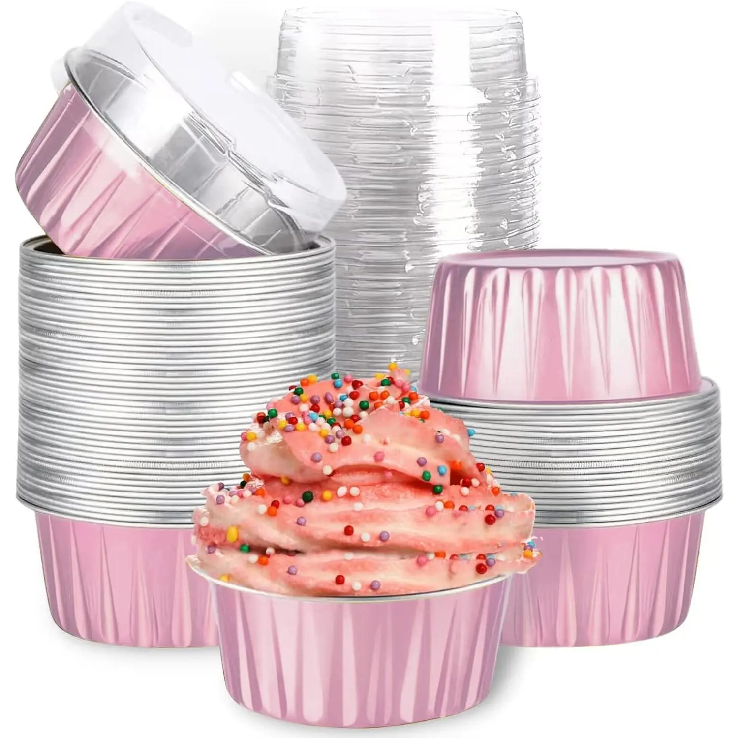30-Pack Pink 5oz Disposable Mini Aluminum Foil Baking Cups with Lids, Round Kitchen Bakeware for Pudding, Party Tart Pie Holders