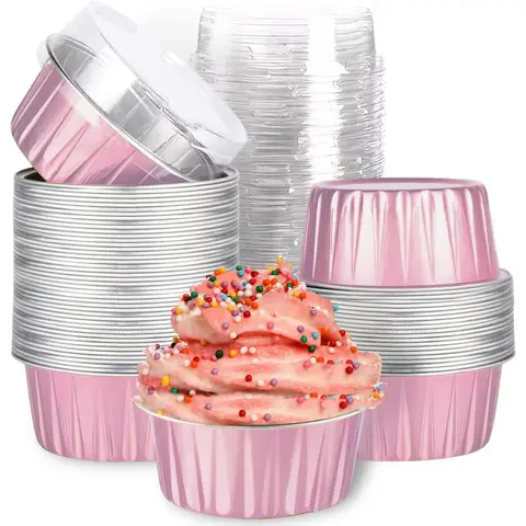 30-Pack Pink 5oz Disposable Mini Round Aluminium Foil Bakeware Cake Cups with Lids, 2.5"x2.5" Bottom, 3"x3" Top - Easy to Handle Bakery Tools, Holds Pudding Tart Pie, Cuts Post-Bake Cleanup, Ideal for Food Preparation & Picnics