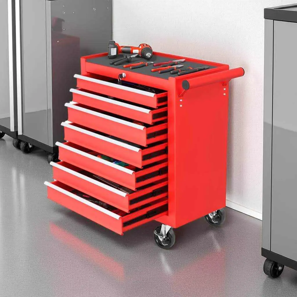 Red Steel Durable Wheeled Rolling Tool Chest Cabinet - 7 Drawers, 360° Rotatable Wheels, Interlock, Locking System, Easy-Install Portable Toolbox, Home Toolbox Kit, Garage Workshop Storage Cart