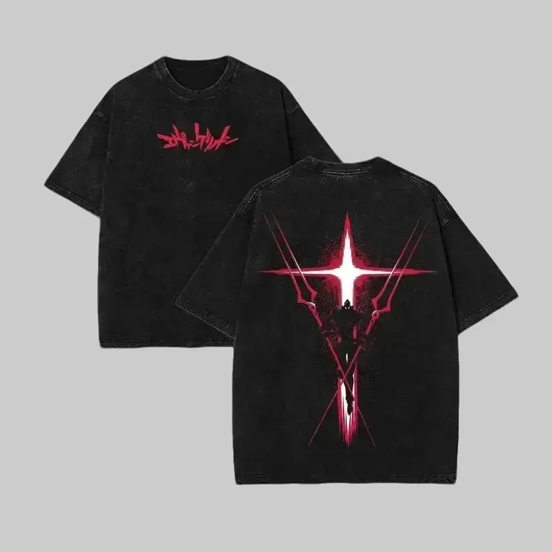 Men's Oversized Heavy Cotton Short-Sleeve T-Shirt - Vintage Anime Mecha & Cross Graphic, Basic Tee, Unisex Retro Round Neck, Harajuku Streetwear Tops, Durable Breathable Fabric, Jeans-Matching Male Apparel, Reduces Stuffiness, Work