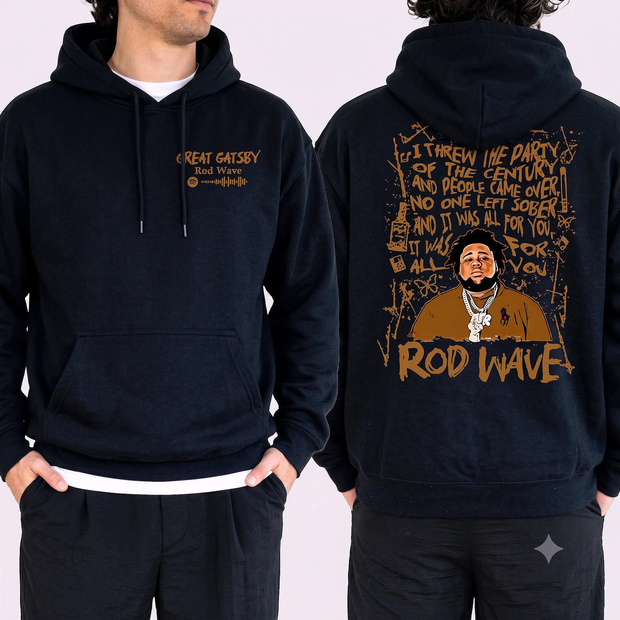 Rod Wave Great Gatsby Hoodie – Party Of The Century Portrait Graphic, Fleece Fabric Pullover Hoodie Unisex Casual Streetwear Trendy Top