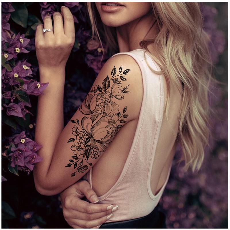 36 Sheets Realistic Black Rose Peony Flower Temporary Tattoos for Women Adults Body Art Arm, Snake Fake Floral Sketch Sleeve Tattoo Sticker Durable Waterproof
