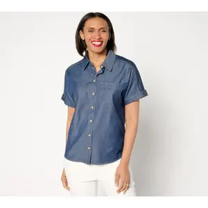 Joan Rivers Short-Sleeve Button-Front Lyocell Boyfriend Shirt