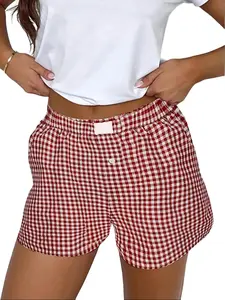 Women's Plaid Lounge Shorts Elastic Waist Casual Boxer Shorts Gingham Summer Pajama Bottoms with Button