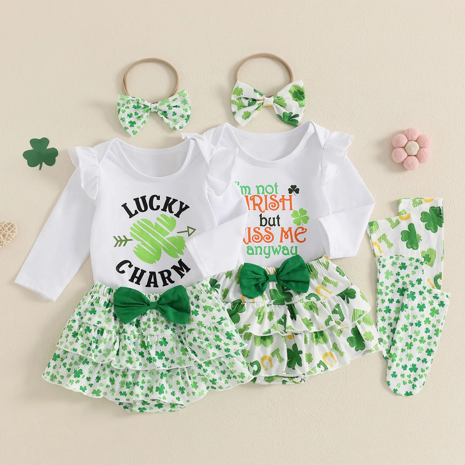Canrulo 5PCS Baby Girl St Patricks Day Outfit Clover Long Sleeve Romper Layered Ruffle Shorts Bow Headband Socks Spring Clothes